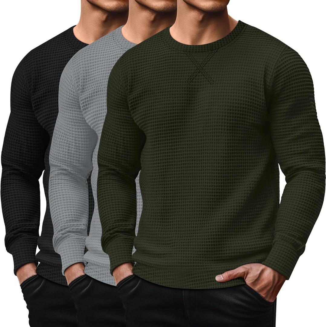 3 Pack Men's Waffle Long Sleeve Shirts, Crew Neck Thermal Textured Underwear Tops Lightweight Pullover Sweaters (Black, Gray, Army Green), XL