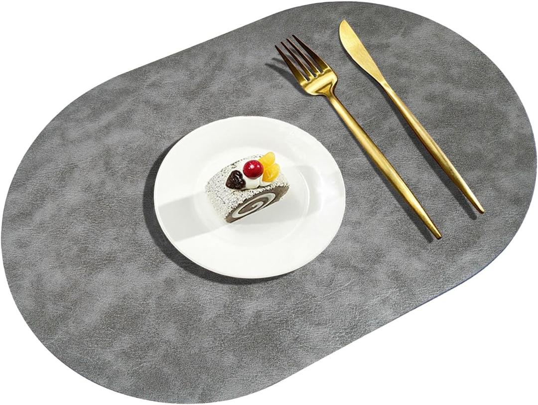 Oval Leather Placemats Set of 6 Washable,Heat Resistant Table Mats for Dining Table, Durable and Easy to Clean for Daily Use (Dark Gray)