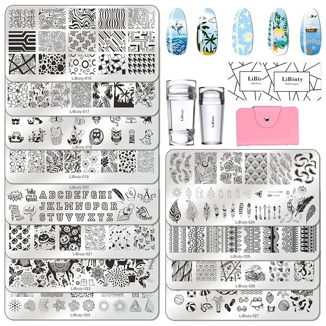Nail Art Stamper Kit 12Pcs Stamping Template Nail Plates with 2 Nail Stamper 2 Scraper 1 Stamp Template Storage Bag Organizer