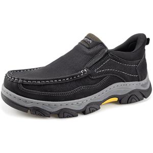 YONGJIA Mens Hands Free Slip in Loafers Walking Slip on Leather Casual Comfortable Breathable Shoes (Black)