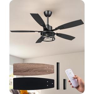 EDISHINE 52" Farmhouse Ceiling Fans with Lights and Remote, 10%-100% Dimmable, 6 Speeds, 5 Wood Blades, Reversible DC Motor, Timer, Quiet, Rustic Caged Fandelier Ceiling Fan for Bedroom Living Room