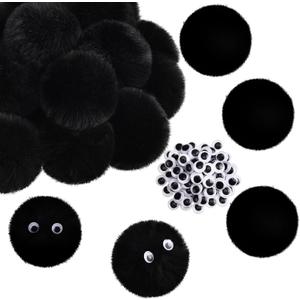 30 Pieces 2.6 Inch Black Pom Pom Balls Fluffy Craft Pom Poms Large Black Pom Poms Creative Crafts Decorations with 100 Pieces Plastic Self-adhesive Googly Eyes for DIY Craft Christmas Party Decoration