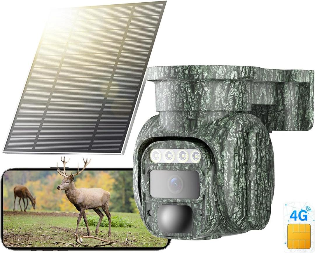 KKB 4G LTE Cellular Trail Camera Solar Wireless Outdoor, No WiFi Security Camera Built-in VSIM Card, Pan Tilt 355View, 2K HD Solution, Full Color Night Vision, IP65 Waterproof Cameras for Wildlife