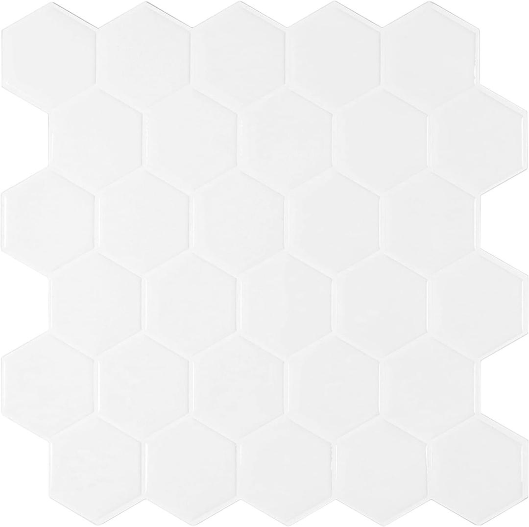 White Hexagon Peel and Stick Backsplash Tile 4-Sheets Stick on Backsplash for Kitchen White Wall Tile Stickers for Bathroom Waterproof Adhesive Backsplash Tiles for Wall Laundry Room 10''x10''