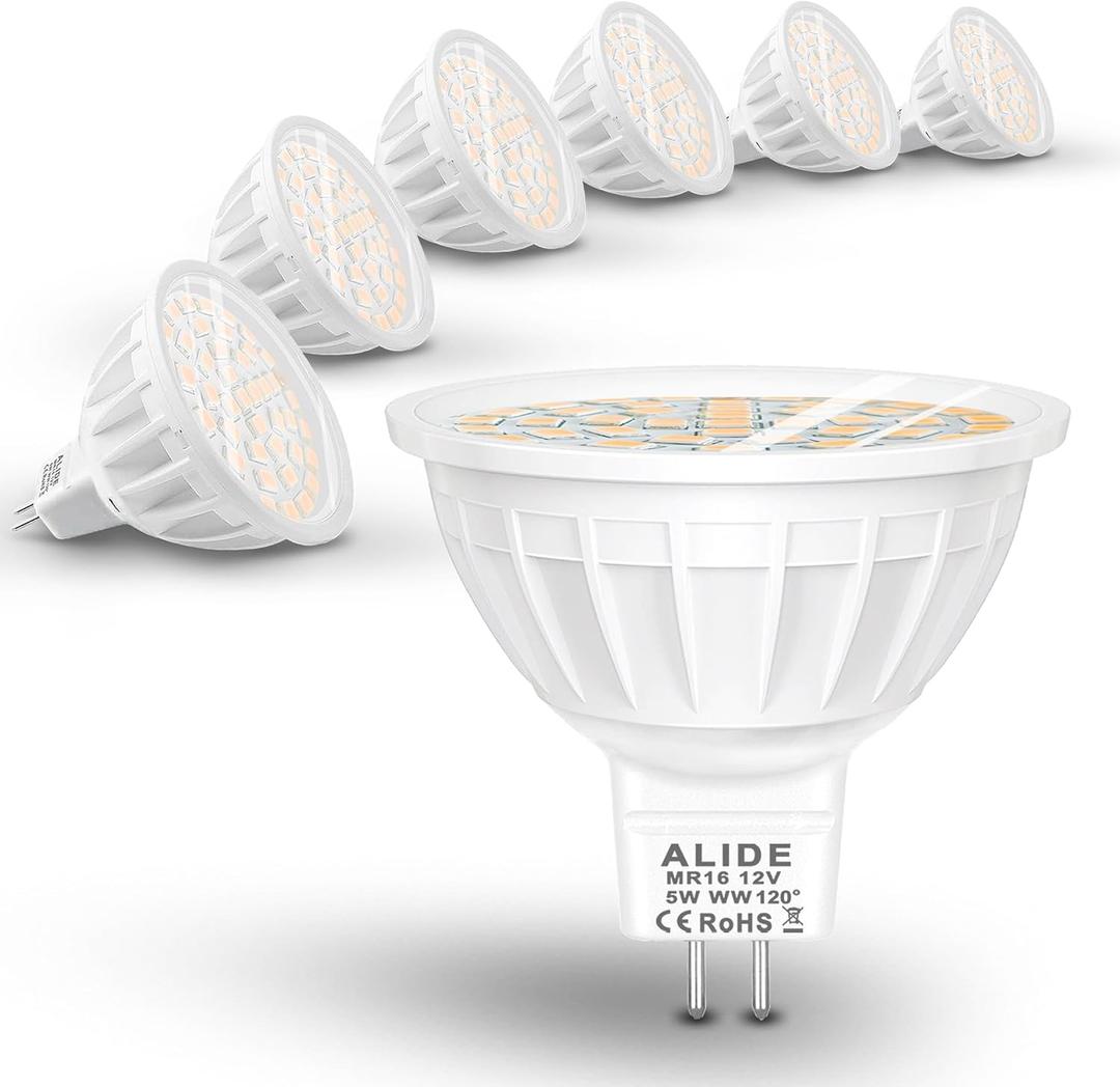 ALIDE MR16 Led Flood Bulbs 5W, Replace 50W Halogen,Wide Angle 120 Degree Beam,GU5.3 Bi-Pin 2700K Warm White,12V MR16 LED Bulb for Overhead Tracking Flood Recessed Accent Landscape Lighting,6 Pack