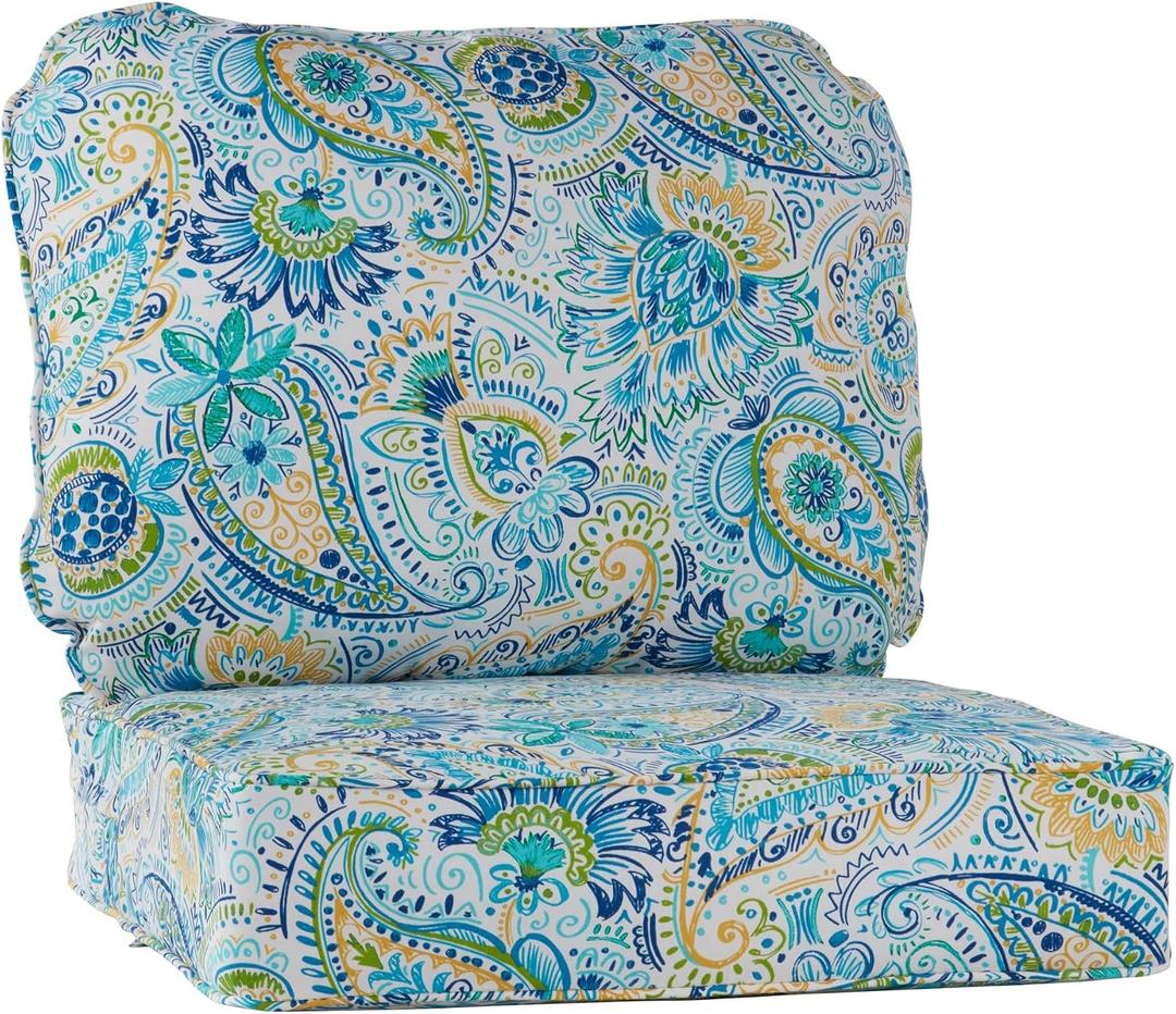 Outdoor Deep Seat Cushion Set 24x24 Seat + 28x22 Back – Plush Fiber Fill Seat, Patio Lounge Replacement Cushion, Corded Trim, Durable Polyester Fabric with Ties, Baltic Paisley