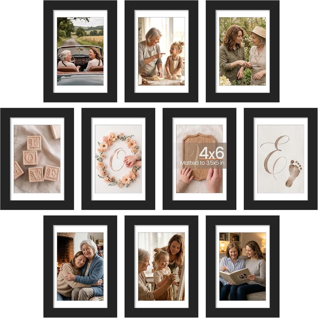 upsimples 4x6 Picture Frame Set of 10, Display Pictures 3.5x5 with Mat or 4x6 Without, Multi Photo Frames Collage for Wall or Tabletop Display, Black
