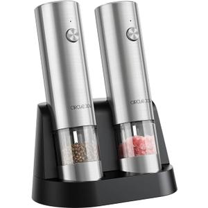 CIRCLE JOY Electric Salt and Pepper Grinder Set Stainless Steel Spice Grinder Automatic Pepper Mills with Easy-to-Carry Dual Charging Station, White Led Light, and Adjustable Coarseness, Silver (Model C Rechargeable + Charging Base)