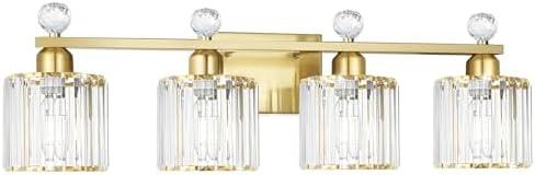 Modern Crystal Bathroom Vanity Light, 4-Lights Bathroom Light Fixtures, Brass Gold Vanity Lighting Fixtures Over Mirror, Brushed Wall Sconce Light for Bedroom, Kitchen, Living Room, Gallery, E26 Base