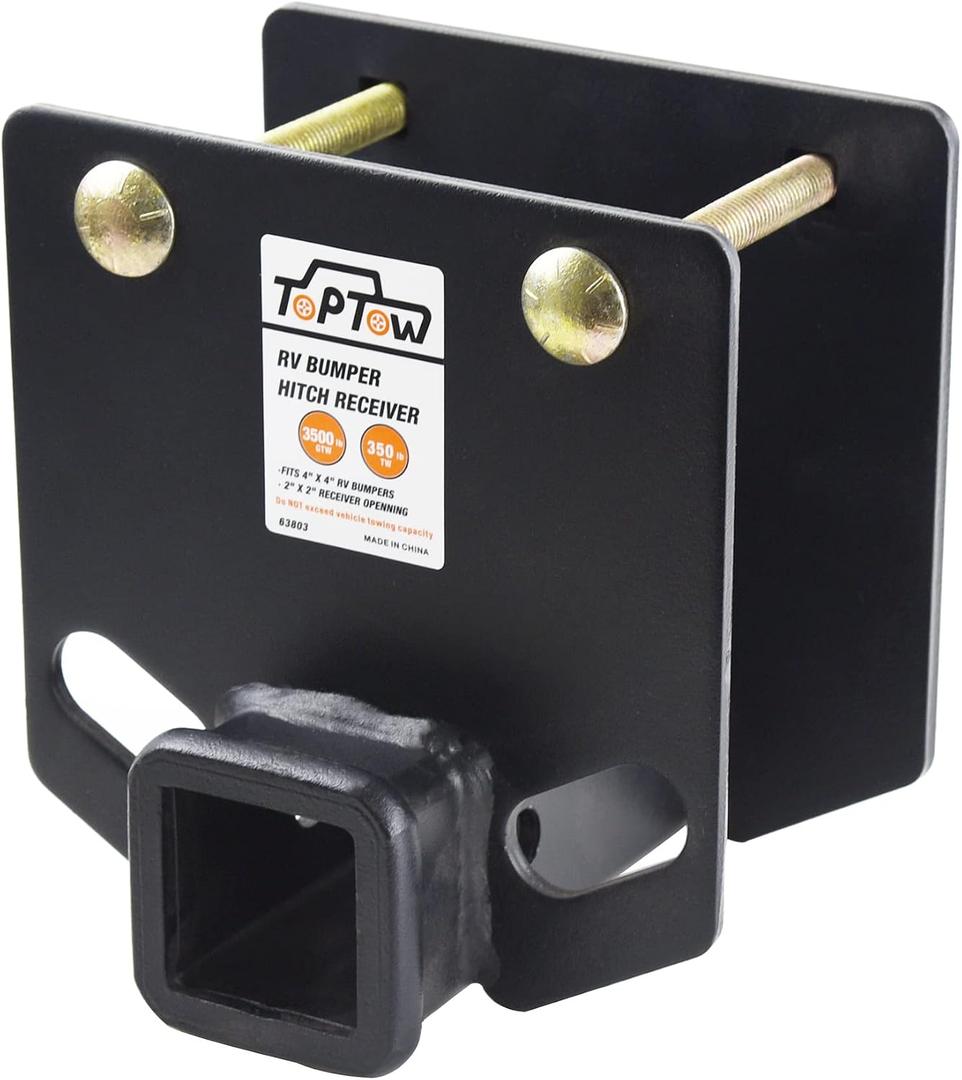 TOPTOW 63803 RV Bumper Hitch Receiver 2 inch Adapter Openning 3500 LBS Capacity Fits for 4 inch X 4 inch Square RV Rear Bumpers