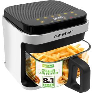 Nutrichef 5.8 Quart Air Fryer | 8-1 Preset Cook Modes | Transparent Fry Bowl for Best Cooking Results | Cook Shrimp, Steak, Fries, Wings, Chicken & More | Precise Temperature Control & Time | White, 14.0" X 11.6" X 11.1" -Inches