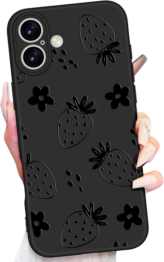 2 x Toycamp for iPhone 16 Pro Max Case - Women Girls Cute Strawberry Black Frosted Slim Fit Design Soft TPU Shockproof Protective Girly Pretty Phone Cover for iPhone 16 Plus Phone Case