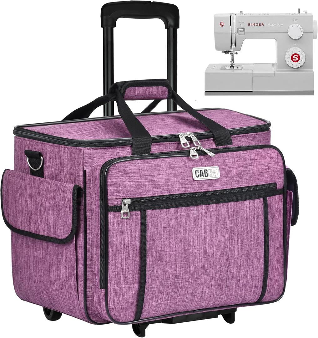 CAB55 Rolling Sewing Machine Case, Detachable Rolling Sewing Machine Carrying Case on Wheels, Trolley Tote Bag with Removable Bottom Wooden Board for Most Standard Sewing Machine and Accessories (Purple)