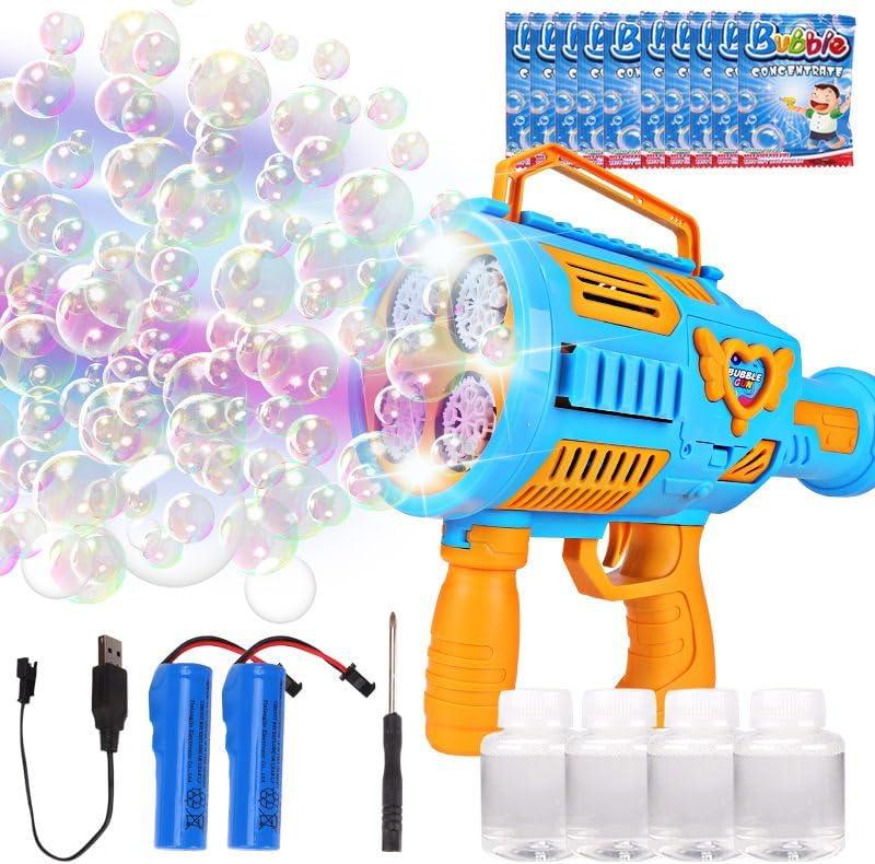 Automatic Bubble Machine Gun Rechargeable Bubble Gun for Kids with 4 Bottles 10 Bags of Refill Solution Lights Electric Bubble Blaster Toys