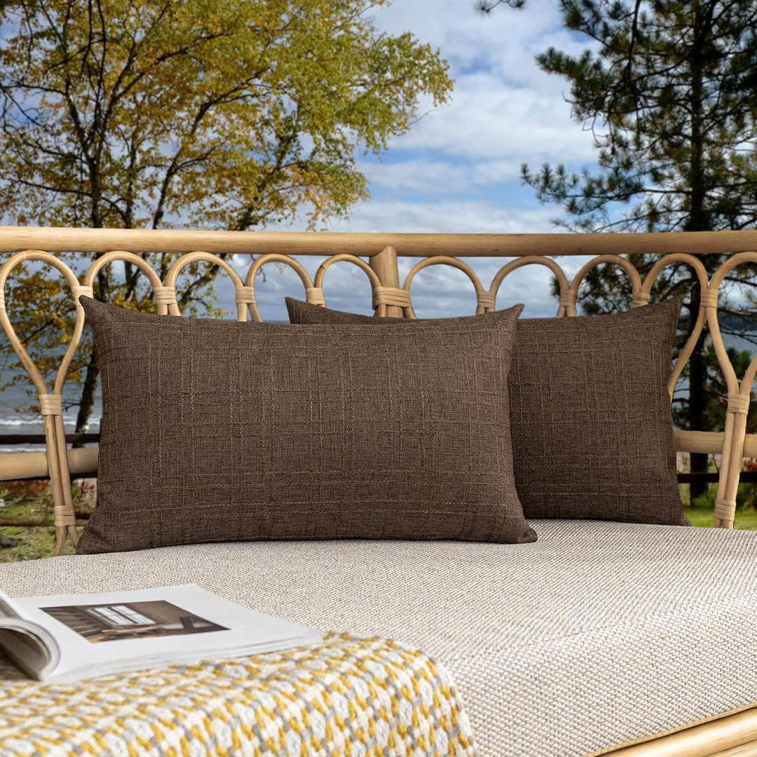 Kevin Textile Outdoor Waterproof Lumbar Pillow Covers 14x24 Inch Pack of 2 Checkered Decorative Rectangle Cushion Throw Pillowcases Shell for Patio Tent Garden Couch Bed Sofa Brown