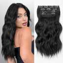KooKaStyle Clip in Synthetic Hair Extensions Long Wavy 4PCS Thick Hairpieces Black Fiber Double Weft Natural Hair Extensions 16 Inch for Women