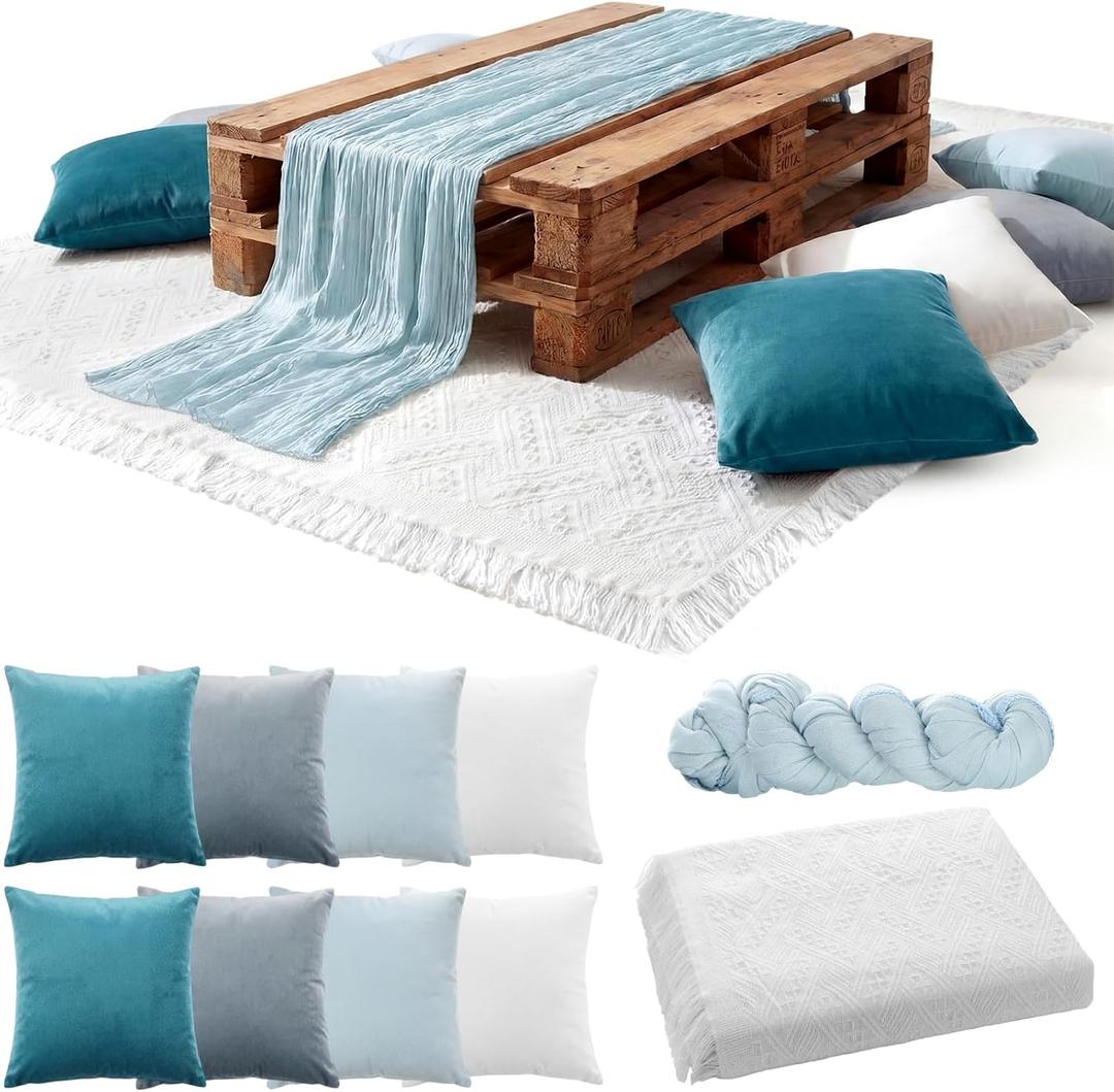 Moukeren 10 Pcs 71''x102'' Extra Large White Outdoor Boho Picnic Blanket with Table Runner 8 Blue Throw Pillow Cover Oversized Washable Portable Beach Blanket for Valentine Picnic Camp Lawn Wedding