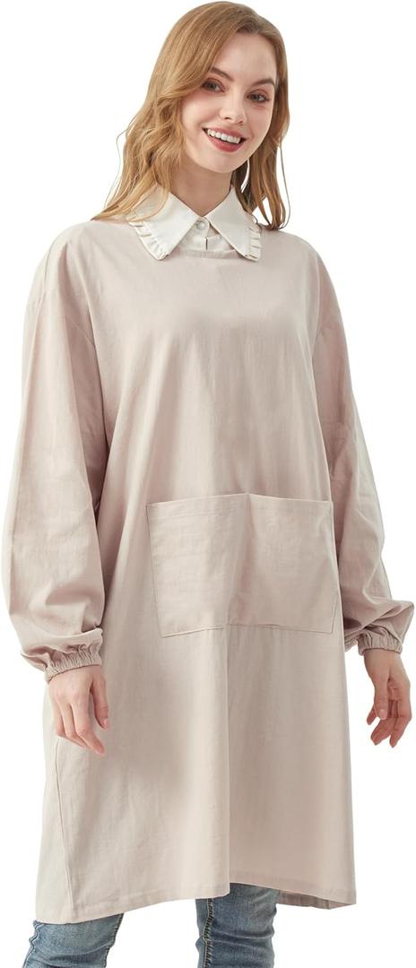 Nanxson Cotton Linen Apron Women Long Sleeve Apron Cooking Apron For Gardening, Painting, Baking, Housework CFL0001 (B-beige, one size)