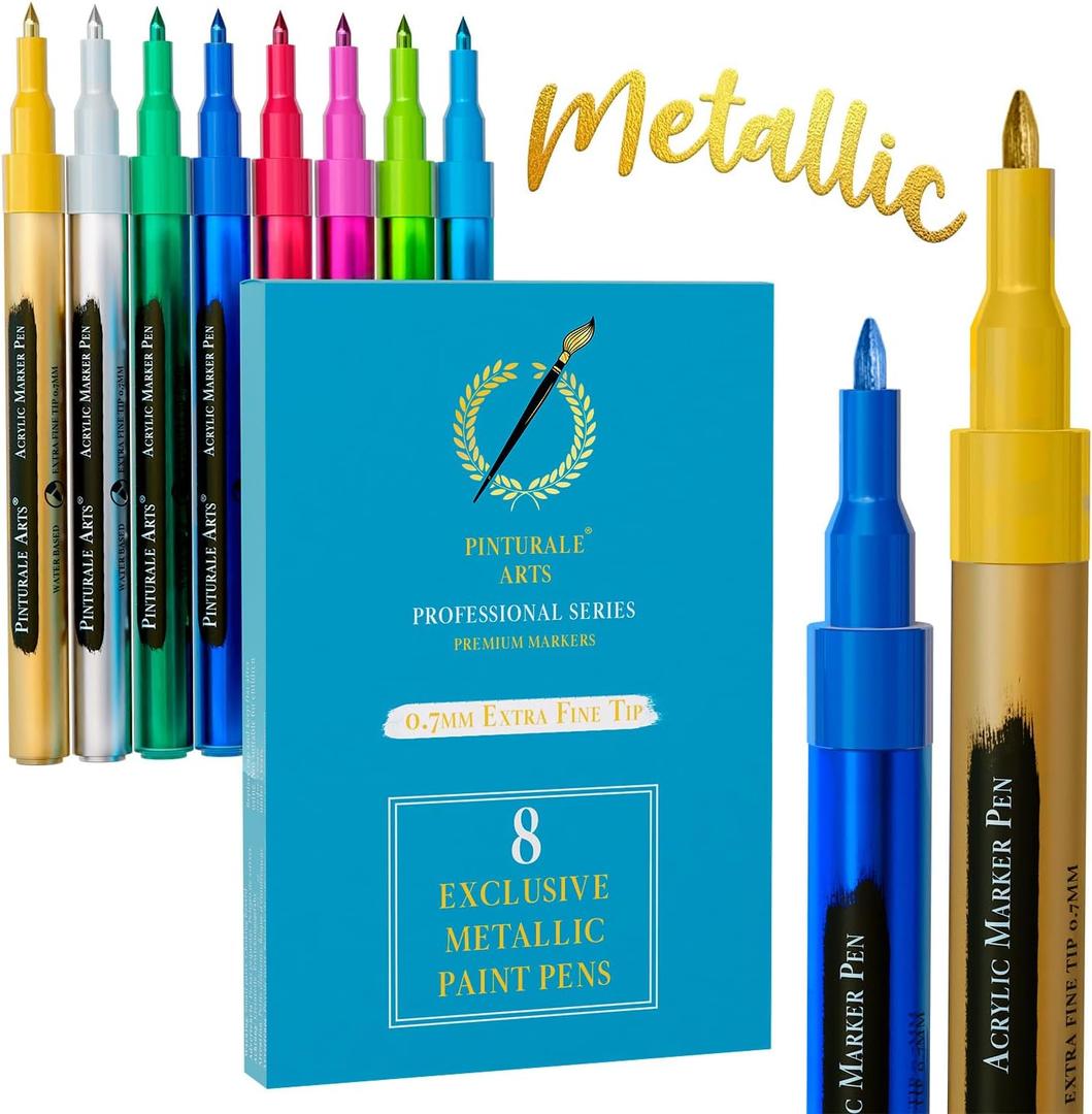 Set 8 Metallic Paint Pens For Scrapbook, Crafts, Coloring, Black Paper, Rock Painting, Wood, Glass, Fabric | Metallic Paint Markers 0.7mm Extra Fine Tip