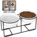 Ceramic Elevated Dog Bowl Set - Raised Food and Water Bowls with Metal Stand - Double Pet Dishes for Small and Medium Dogs - 2 Cups - 27 fl oz - Matte Whit