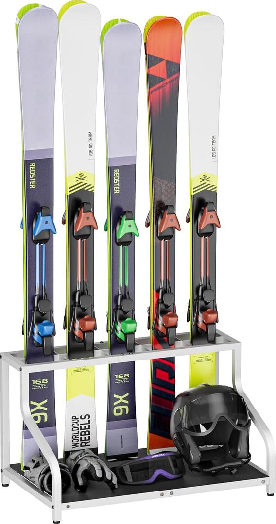 Ski Storage Rack for Garage  Freestanding Ski Holder for 5 Pair Skis, Helmet, Goggles, gloves, Indoor Snowboard Rack Organizer Stand for Home, Shed, Basement, White