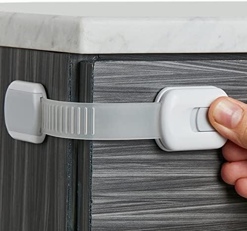Child Safety Strap Locks (6 Pack) Baby Locks for Cabinets and Drawers, Toilet, Fridge & More. 3M Adhesive Pads. Easy Installation, No Drilling Required, White/Gray
