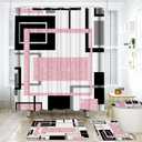 Onalasyc 4Pcs Pink Geometric Shower Curtain with Rugs Set Waterproof Pink Bathroom Sets with Shower Curtain and Rugs Abstract Geometric Modern Bathroom Curtains Shower Set with 12 pcs Hooks