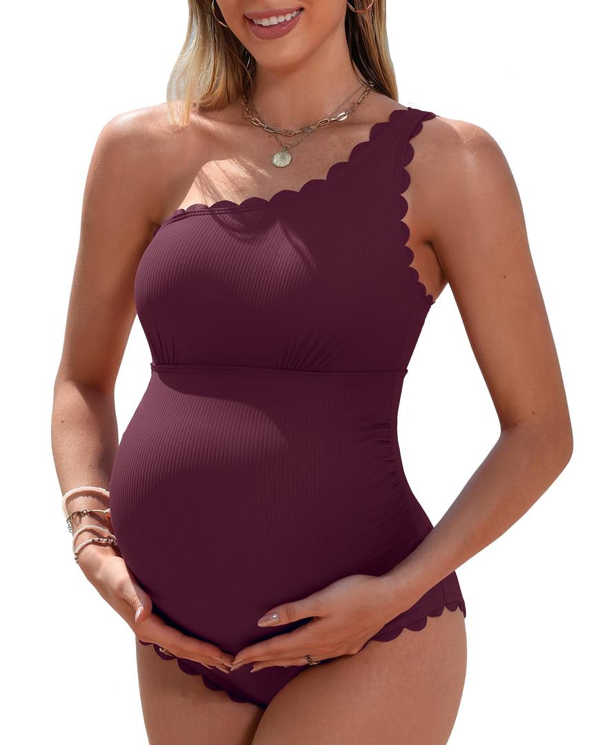 Charmo Maternity Bathing Suit Pregnancy Swimsuits for Women One Piece Swimwear One Shoulder Scalloped Ribbed Swim Suit Full Coverage Clothes Burgundy S (S)