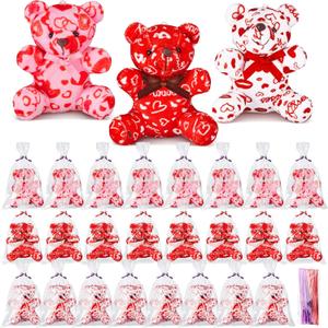 Lunmon 50 Pcs Valentine's Day Heart Pattern Love Bears with Gift Bag for Valentine's Day Gifts, Birthday Party Favors, Mini Stuffed Animal Toys, Keychains, Red, Pink, White
