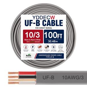 10/3 UF-B Wire - 100FT 100% Pure Copper 10AWG 3 Connector Direct Burial Electrical Cable 10 Gauge for Underground Feeder Wet or Corrosive Locations Indoor & Outdoor etc