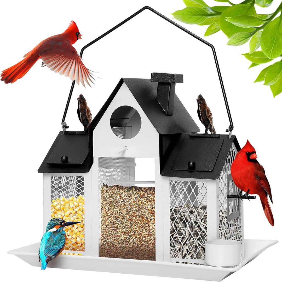 Solar Bird Feeders House for Outdoors Hanging, 7LBS Large Capacity Metal Wild Bird Feeder Squirrel Proof for Outside with Water Cup, Cardinal Birdfeeder Birdhouses Gift for Bird Lovers (White)