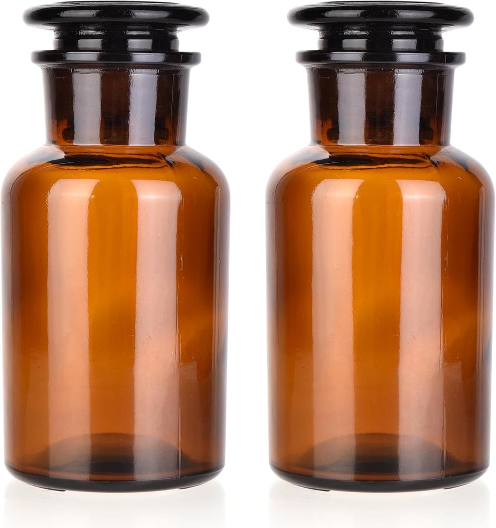 Lab Glass Reagent Bottle,Wide Mouth Glass Storage Bottle with Ground Stopper,Decorative Bottles/Vase (Amber, 2 * 250ML)