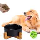 Petygooing Dog Bowls,Black Ceramic Cat Dog Bowl Set with Wood Stand for Pet Food and Water,Non-Slip Cute Modern Pet Dish Set for Cats Small and Medium Dogs (28OZ/6.1 in)