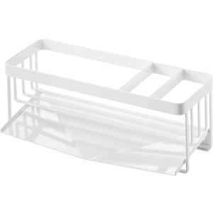 YAMAZAKI Home Tower Self-Draining Sponge and Soap Bottle Rack, Kitchen Sink Organizer Metal Holder with Removable Tray - Steel (White)
