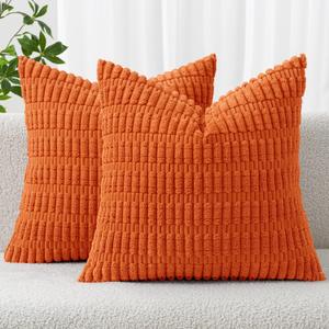MIULEE Pack of 2 Orange Corduroy Decorative Pillow Covers 18x18 Inch Soft Boho Striped Throw Pillow Covers Modern Farmhouse Home Decor for Halloween Thanksgiving Summer Sofa Living Room Couch Bed