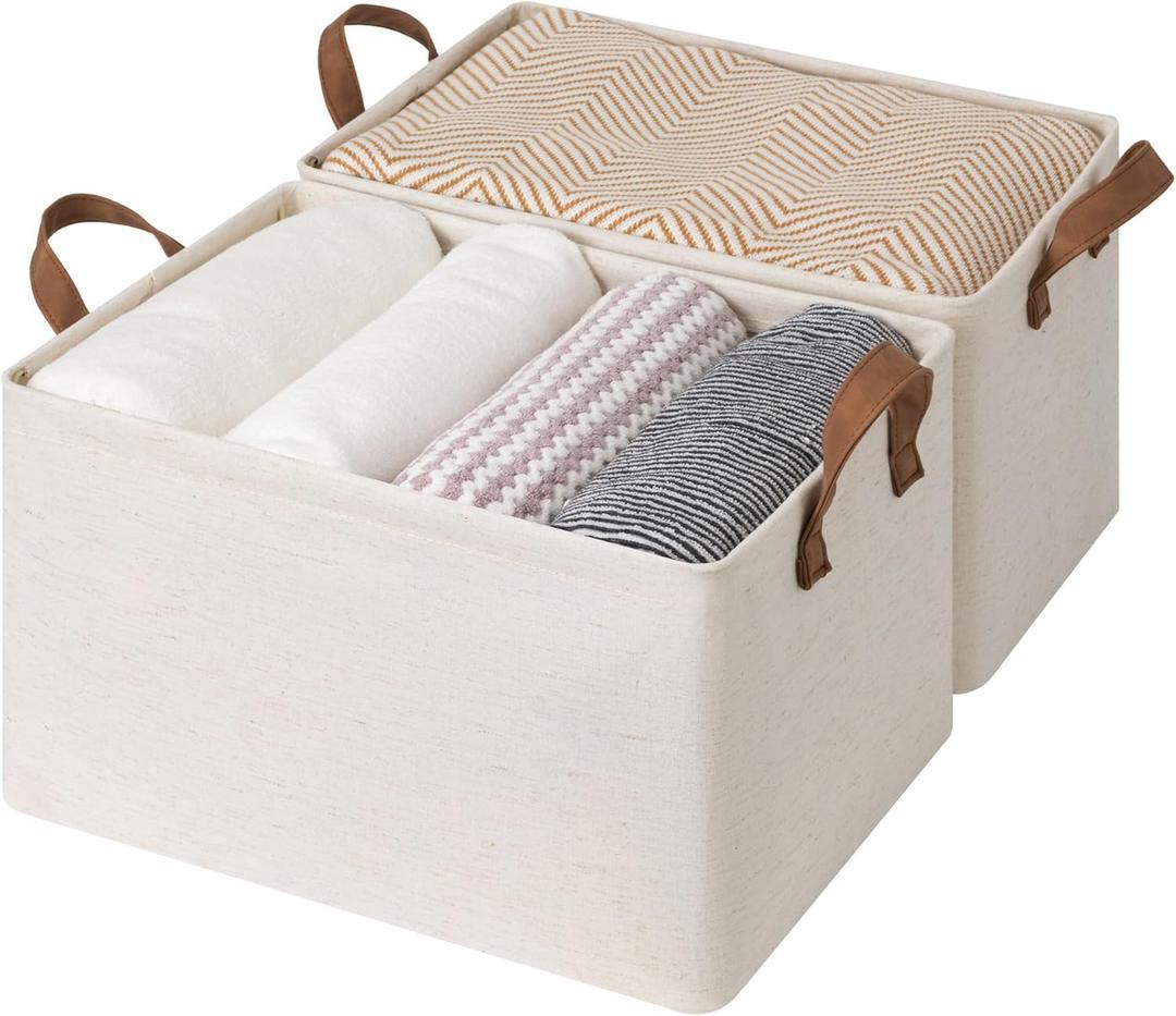 StorageWorks Storage Bins, Shelves Baskets for Organizing, Large Fabric Closet Organizers with Handles, Metal Frame, BeigeCotton-linen, 2-Pack