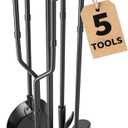 AMAGABELI Garden & Home 5 Pcs Fireplace Tools Set 31 Inch Indoor Black Handle Wrought Iron Large Fire Tool Accessories Set Holder Outdoor Fireset Modern Fire Pit Stand with Poker Brush Shovel Tong