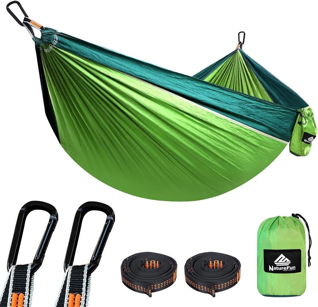 NATUREFUN Ultra-Light Travel Camping Hammock | 300kg Load Capacity,Breathable,Quick-Drying | 2 x Premium Carabiners,2 x Nylon Slings Included | Outdoor Indoor Garden (Light Green/Dark Green)