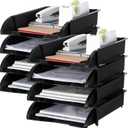 Fainne 8 Pcs Stackable Paper Trays Organizer for Desk 8 Layer Stackable Letter Trays Plastic File Organizer Tray and Stacking Supports for File Storage, 13 x 10 x 2.76'' (Black)