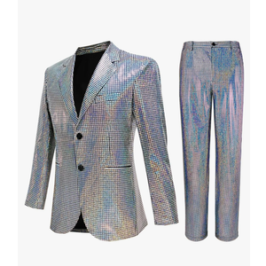 Nawgut Sequin Blazer Metallic Slim Suit 2 Piece Set Disco Prom Shiny Outfit Wedding Party Banquet Fashion Jacket Pant Size L