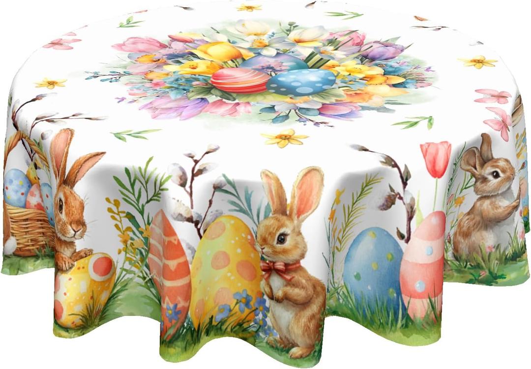 Vrysenium Easter Tablecloth Round 60 Inch Watercolor Bunny Eggs Floral Butterfly Table Cloth Circle Rabbits Flower Table Cover Tabletop for Home Decor Dining Room Kitchen Party Picnic