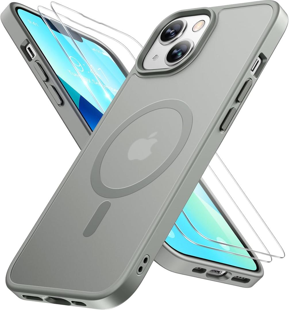 Miracase Magnetic for iPhone 13 Case 6.1 inch (Compatible with MagSafe)with 2X Screen Protectors Military-Grade Protection, Anti-Fingerprint Translucent Matte Phone Case Cover, Gray