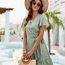 Naggoo Women's Summer Wrap Dresses V Neck Polka Dot Print Ruffle Short Sleeve Mini Floral Boho Dress with Belt (08 Sage Green Dot Beige)