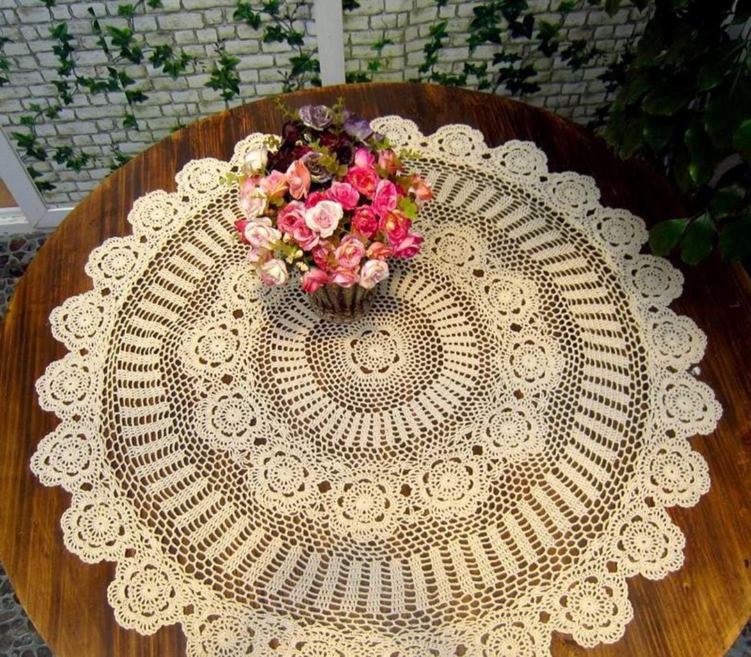 Damanni Beige Cotton Handmade Crochet Lace Tablecloth Doilies Table Overlay,Round,35 Inch