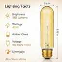 Edison Light Bulbs,120V, E26 Base, T10 Tubular Bulbs, 40W Amber Glass Incandescent, Ultra Warm White, Dimmable Vintage Tubular Style Showcase Bulb (6-Pack)
