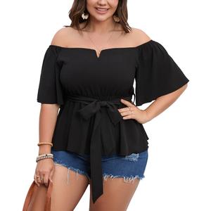 SCOMCHIC Women's Plus Size Off The Shoulder Peplum Blouse Top Half Bell Sleeve Tie Waist Ruffle Hem Babydoll Tops (X-Large Plus, Black)