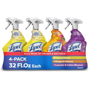 Lysol All Purpose Cleaner Spray, Multi-Purpose Disinfecting Spray, Kitchen & Bathroom Cleaner, Lemon Breeze, Lavender, & Mango Scents, 32oz (Pack of 4)