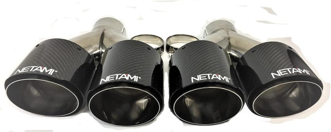 NETAMI 3" to 4" Quad Staggered Outlets Exhaust Tip Carbon Fiber Stainless Steel Blue Bolt-on A Pair