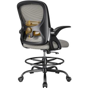 Drafting Chair,Tall and Standing Desk Chair with Flip-up Armrests, Ergonomic Comfy Lumbar Support and Adjustable Footrest Ring Office/Computer Chair (Black-Gray)