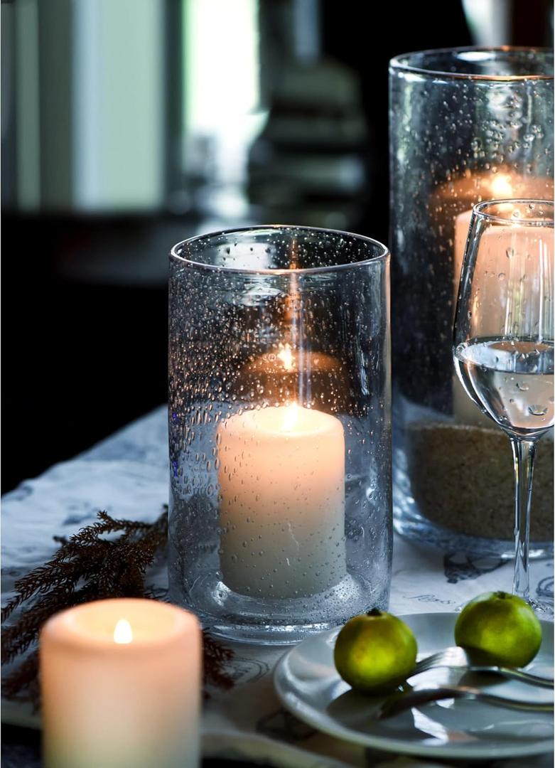 Hurricane Candle Holder for Pillar Glass Cylinder Vase Modern Rustic Centerpiece Clear Seeded Home Decor for Kitchen Table Living Room 8" H 1 Pack